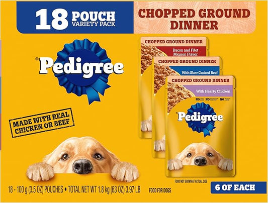 PEDIGREE CHOPPED GROUND DINNER Adult Soft Wet Dog Food 18-Count Variety Pack, 3.5 oz Pouches