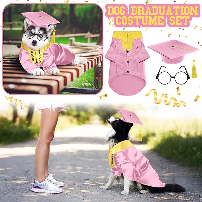 5 Pcs Dog Graduation Costume Set Include 2025 Pet Graduation Gown with Stole Puppy Grad Cap Lensless Glasses DIY Letter Stickers for Dogs Cats Holiday Costume Accessory(Pink Yellow,L)