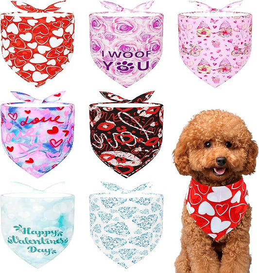 7 Pack Valentines Day Dog Bandanas for Small Dogs Cats Puppy Breed 18 Inch Heart Lip Rose Dog Bandanas Adjustable Dogs Scarves Grooming S