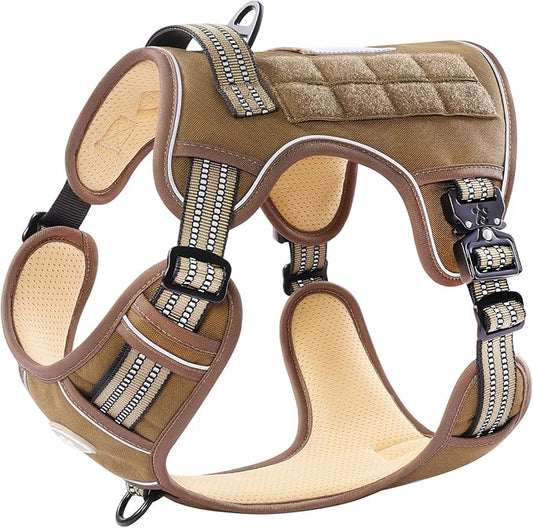 PawsPassion Tactical Dog Harness for Medium Dogs, Chew-Proof Metal Hardware, Heavy Duty No Pull Dog Harness, Reflective Strips, Adjusting Ring, MOLLE System, Hook and Loop Panel (Sandstone, M)
