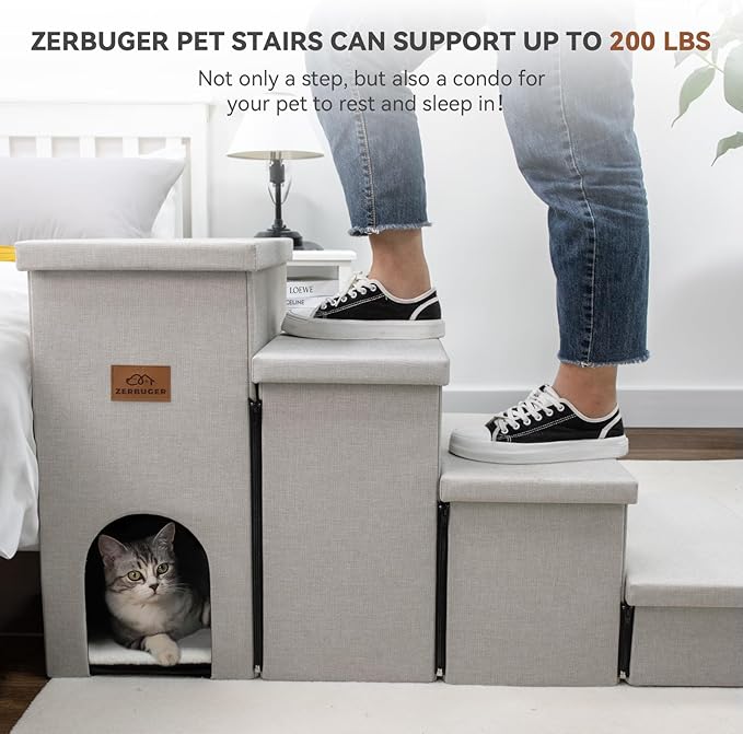 Dog Stairs with Condo 23" H, 4-Step Wider Folding Storage Pet Stairs Gift for Small/Medium/Large Old Dogs Cats, Dog Steps for High Beds Window, Ramp for Climbing Car Up to 200 lbs, Beige Gray