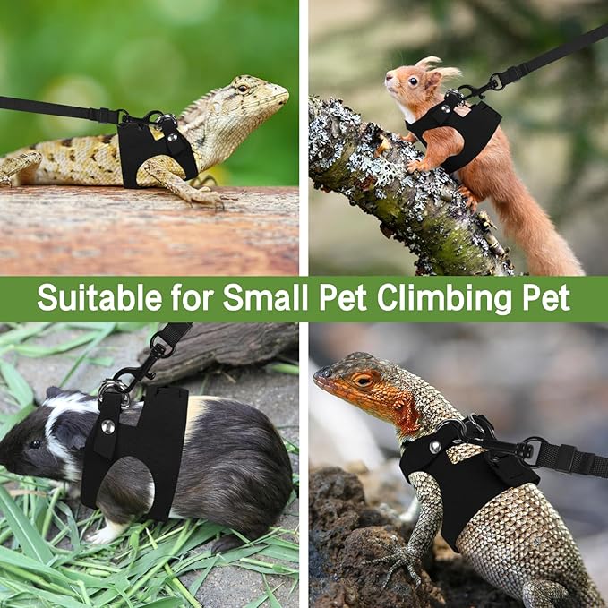 Bearded Dragon Harness Leash Set 3 Size Adjustable Lizards Training Walking Leather Vest Escape-Proof Traction Rope for Outdoor Small Reptiles Animal Squirrels (Black)