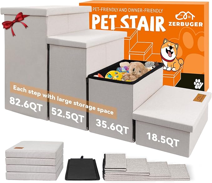 Dog Stairs with Storage 23" H, 4-Step Wider Dog Steps for High Beds Window, Folding Sturdy Pet Stairs Gift for Small/Medium/Large Old Dogs Cat, Ramp for Climbing Car Up to 200 lbs, Beige Gray