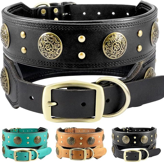 Leather Dog Collar for Large Dogs, 2" Wide Durable Thick Strong Genuine Leather Spike Dog Collar with Metal Buckle, Padded Collar with Studded Design for Large & XL Breeds (Black,L,XL)