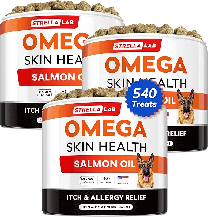 STRELLALAB Omega 3 for Dogs - (540Ct) Fish Oil Treats - Allergy & Itch Relief Skin&Coat Supplement - Dry Itchy Skin, Shedding, Hot Spots Treatment, Anti Itch - Pet Salmon Oil Chews - Chicken