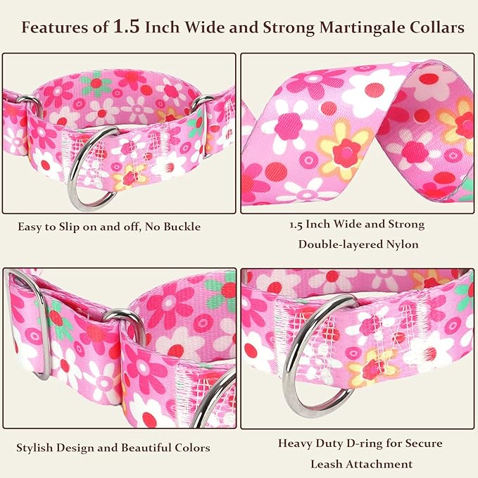 Wide Pink Martingale Collar for Dogs,1.5 Inches Martingale Collar with Flowers Pattern,No Slip Dog Collar Perfect for Training,Walking, Hunting(Pink Flowers M)