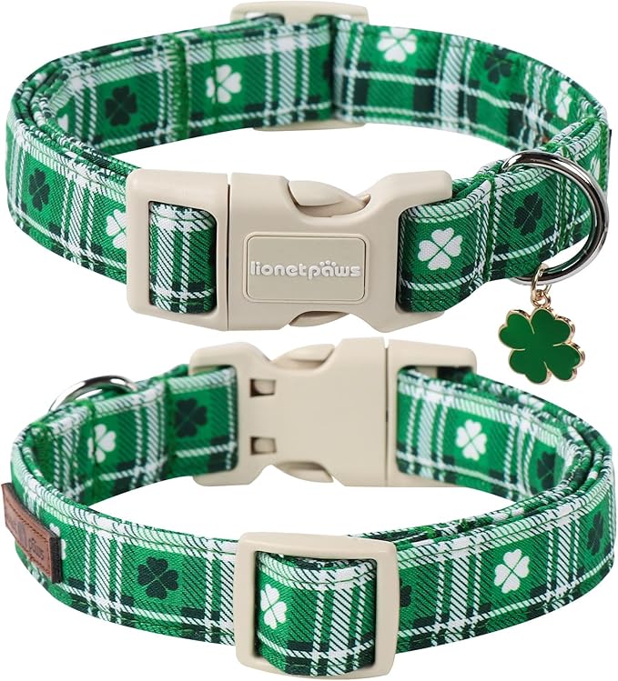 Lionet Paws St. Patrick Dog Collar, Comfortable Adjustable Green Collar with Green Clover Pattern for Small Male Female Dogs Collars, Neck 10-16 inches