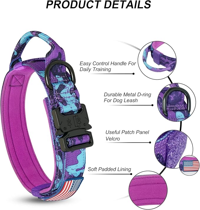Hotsky Tactical Dog Collar, Adjustable Military Training Nylon Airtag Collar with Handle and Heavy Duty Metal Buckle for Medium Large Dogs, with Airtag Holder and Two Patches(Purple Camo,XL)