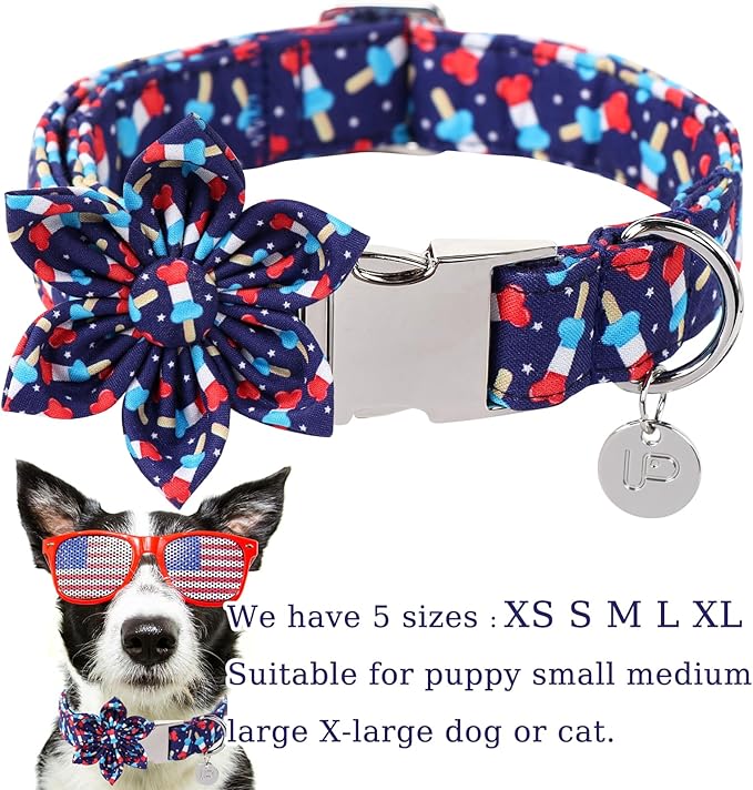 American Flag Dog Collar with Flower, 4th of July Comfortable Cotton Cute Dog Collar with Metal Buckle, Patriotic Flower Collar for Puppy Girl Boy Dog, M