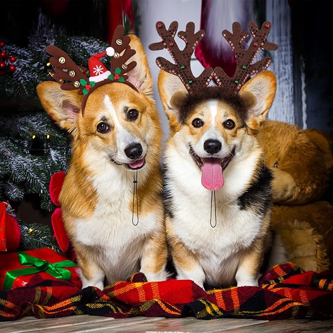 Pedgot 3 Pack Christmas Pet Headwear Xmas Hair Loop Brown Reindeer Antlers Headband Christmas Pet Costume Hair Accessory for Dogs