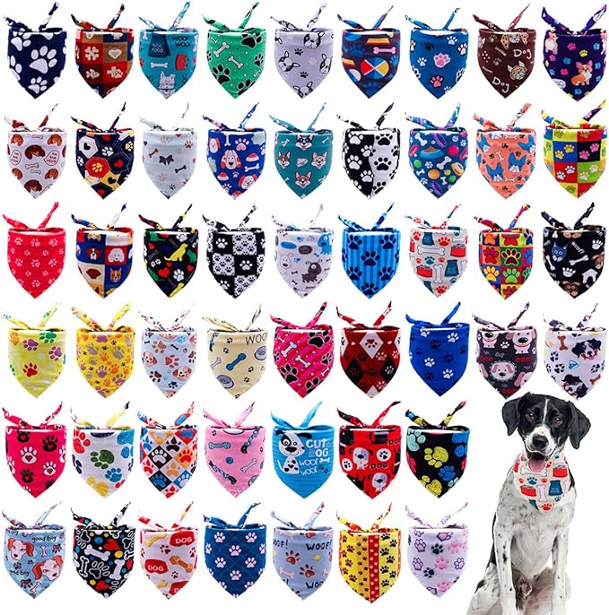50PCS Large Dog Bandanas Summer Large Breed XL Bulk Paw Bone Print for Large Pet Big Bandanas Pack Kerchief Washable Triangle Bibs Head Scarves Scarfs for Boys and Girls Grooming Costume