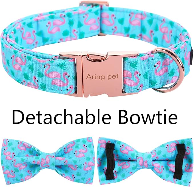 ARING PET Flamingo Dog Collar-Cotton Dog Collar with Bow, Adjustable Summer Bowtie Dog Collars Pet Collars with Metal Buckle