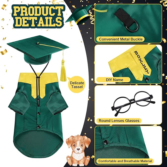 5 Pcs Dog Graduation Costume Set Include 2025 Pet Graduation Gown with Stole Puppy Grad Cap Lensless Glasses DIY Letter Stickers for Dogs Cats Holiday Costume Accessory(Green Yellow,XL)