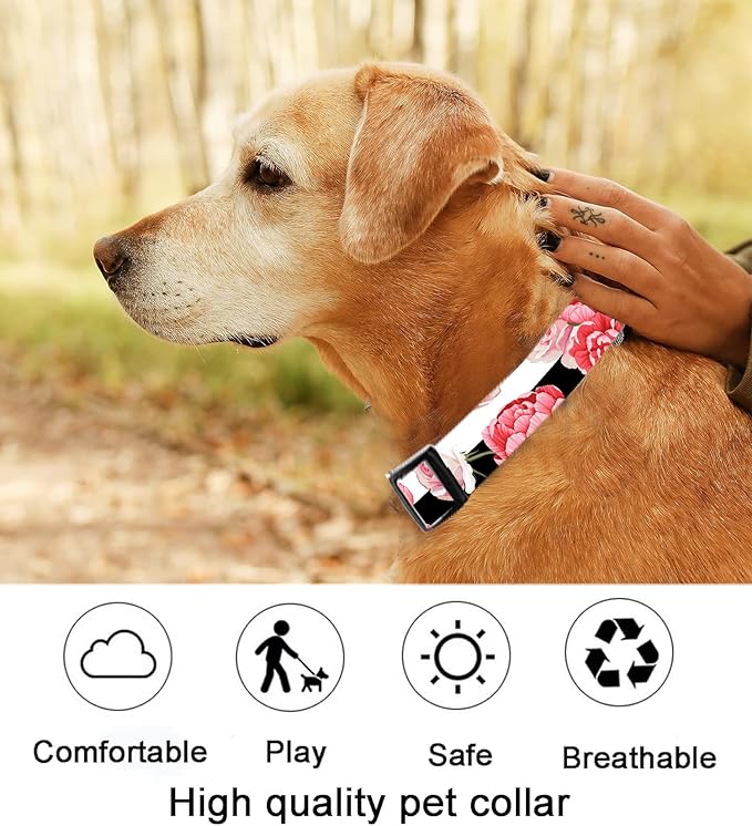 Dog Collar, Cute Dog Collar for Small Medium Large Dogs, Personalized Adjustable Soft Pet Collars with Quick Release Buckle for Walking Running, Black White Red Flowers