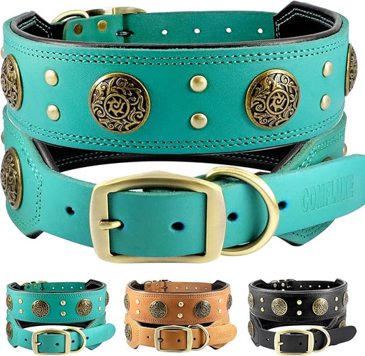 Leather Dog Collar for Medium Dogs, 2" Wide Durable Thick Strong Genuine Leather Spike Dog Collar with Metal Buckle, Padded Collar with Studded Design for Girl Boy Dogs (Teal,M)