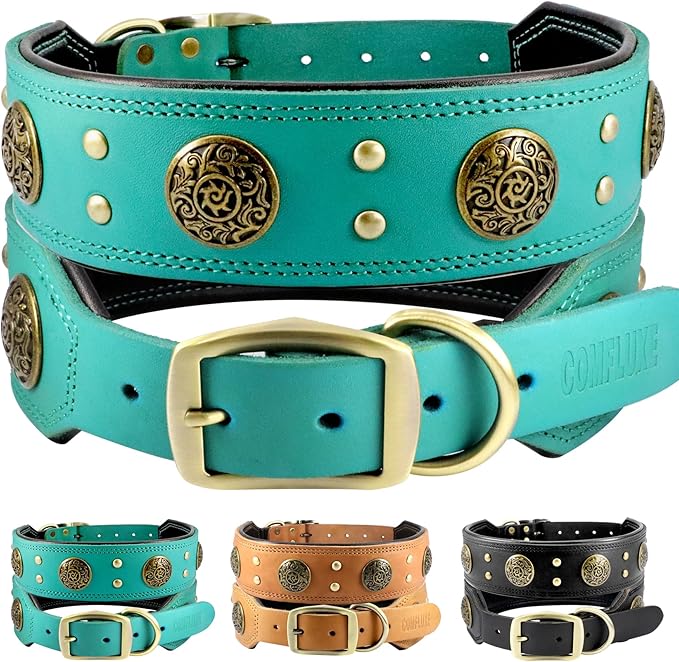 Leather Dog Collar for Large Dogs, 2" Wide Durable Thick Strong Genuine Leather Spike Dog Collar with Metal Buckle, Padded Collar with Studded Design for Large & XL Breeds (Teal,L,XL)