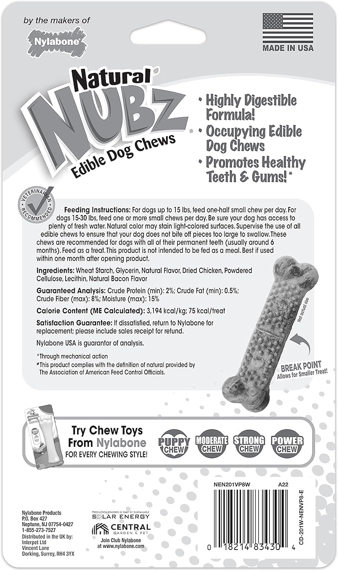 Nylabone Nubz Natural Edible Dog Chew Treats for Small Dogs, Long Lasting Dog Bones Made in USA, Chicken Flavor Dental Chews, for Dogs Up to 25 lbs. (8 Count)