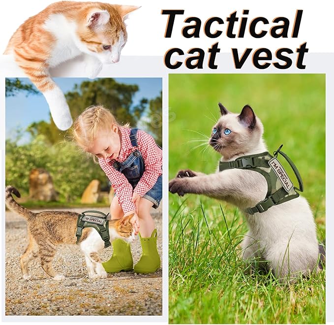 Tactical Cat Harness for Walking Escape Proof, Soft Mesh Adjustable Pet Vest Harness for Large Cat,Small Dog (L, A-Green)