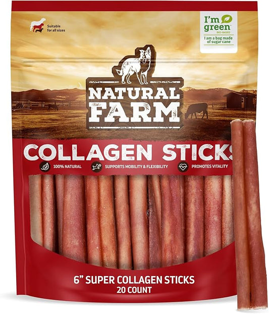 Natural Farm Odor-Free Super Collagen Dog Chews (6-Inch, 20-Pack) The First Ever Real Bull Sticks Alternative: 100% Natural Angus Hide Collagen Treats - More Protein, More Chew Time for All Dogs