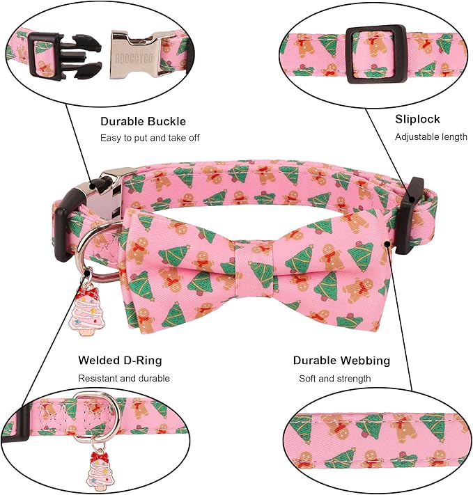 ADOGGYGO Christmas Dog Collar with Detachable Bowtie, Adjustable Pink Pet Christmas Collars for Small Medium Large Dogs (Medium)