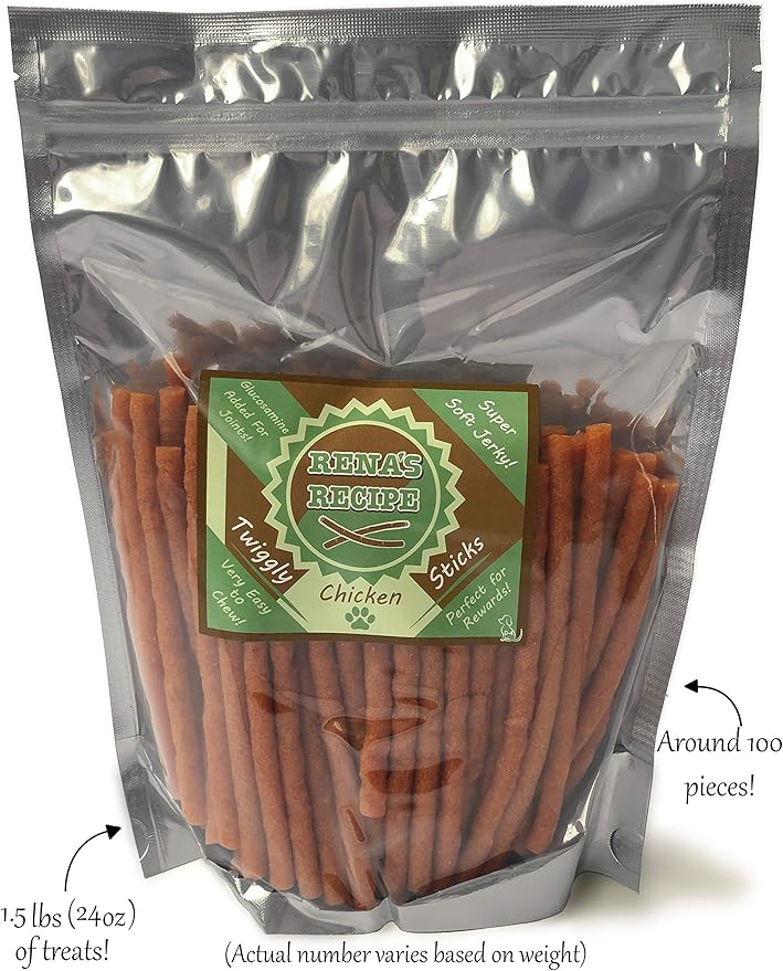 Twiggly Chicken Sticks (24oz /1.5lbs) Big Pack (Around 100 Pieces) - Rawhide Free Soft Chicken Jerky Sticks with Glucosamine!