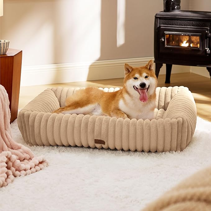 Bedsure Washable Dog Bed for Medium Dogs - Cute Furry Puppy Beds, Rectangle Orthopedic Corduroy Fleece Pet Beds with Removable Zipper Cover, 30x24x8inches, Sandy Tan