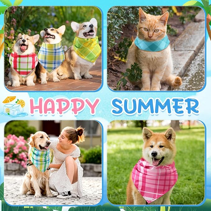Geyoga 60 Pcs Summer Plaid Dog Bandanas Bulk Pet Grooming Scarf Bibs Supplies Adjustable Washable Kerchief Pet Groomer Accessories for Small to Large Cats Dogs Costume Party