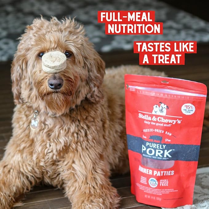 Stella & Chewy's Freeze-Dried Raw Dinner Patties - Purely Pork Recipe - High Protein Grain-Free Puppy & Dog Food - Perfect For Picky Eaters - 14 oz