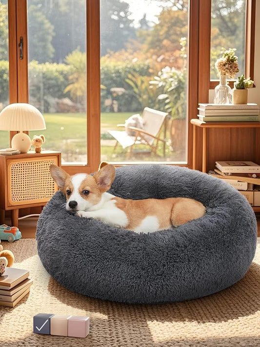 OhGeni Calming Donut Dog Bed Pillow for Medium Pets, Machine Washable Removable Cover, Comfort Plush Fluffy Faux Fur with Anti-Slip Bottom, Cats-Friendly Round Cuddly Design, Gray, 30 inches
