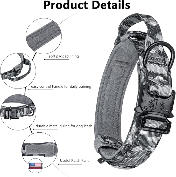 DAGANXI Tactical Dog Collar, Adjustable Military Training Nylon Dog Collar with Control Handle and Heavy Metal Buckle for Medium and Large Dogs, with Patches and Airtags Case (XL, Camo)