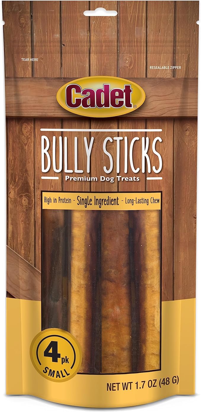 Cadet Bully Sticks for Small Dogs, All-Natural Beef Pizzle, Rawhide-Free Long-Lasting Dog Chews for Aggressive Chewers, 4 Count