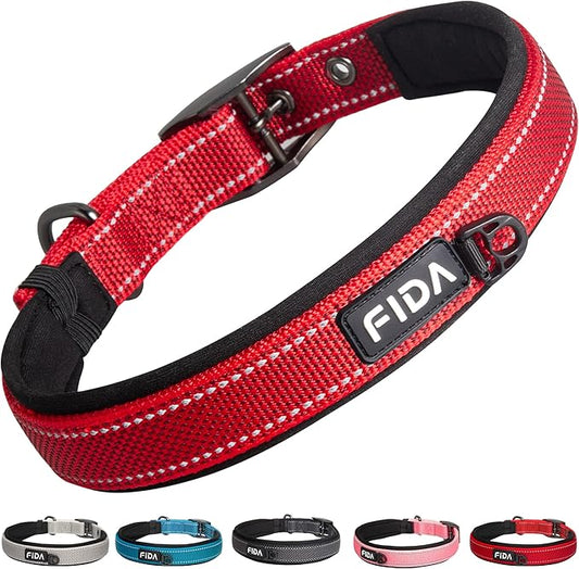 Fida Heavy Duty Dog Collar, Ultra Comfortable Soft Neoprene Padded, Adjustable Reflective Nylon Pet Collar with Durable Metal Belt Buckle for Large Breeds (L, Red)