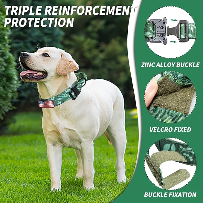 Hotsky Tactical Dog Collar, Adjustable Military Training Nylon Airtag Collar with Handle and Heavy Duty Metal Buckle for Medium Large Dogs, with Airtag Holder and Two Patches(Leaves,L)
