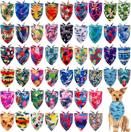 50PCS Big Dog Bandanas Hawaii Summer Bulk Palms Leaves Fruits Flamingos Bench Ocean Sailboats Surfer for Large XL Breed Dog Triangle Bibs Scarves for Boys and Girls Grooming Accessories