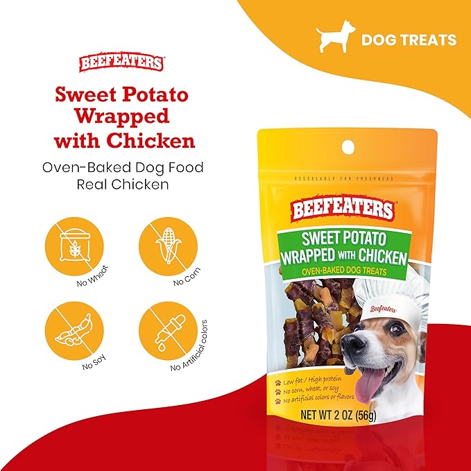 Beefeaters Sweet Potato Wrap with Chicken 2oz, (12 Pack) – Dog Treat. No Corn, Wheat, Soy or Gluten, Low Fat, Whole Muscle Jerky, Ideal for Training & Snacks
