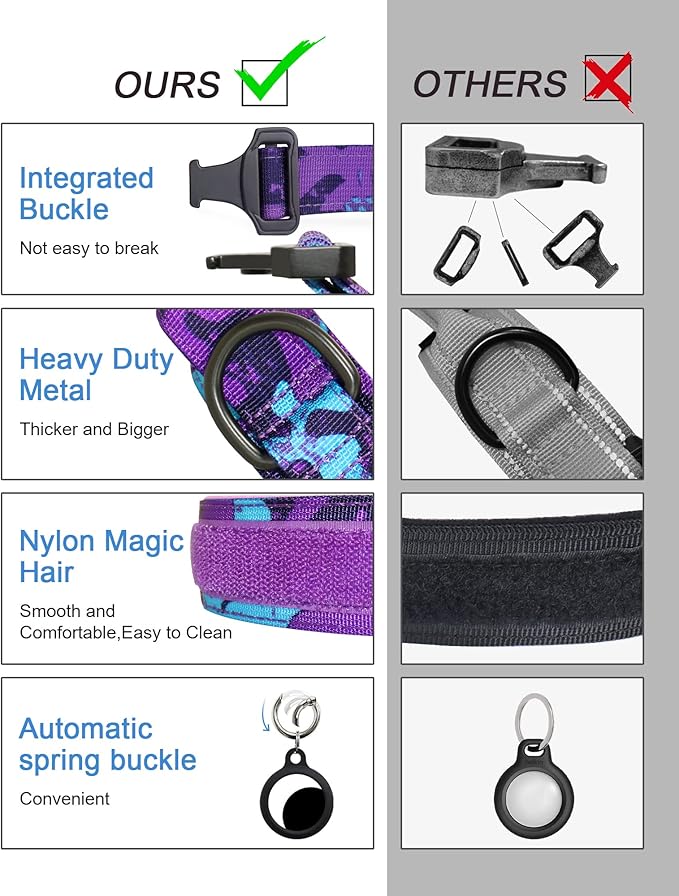 Hotsky Tactical Dog Collar, Adjustable Military Training Nylon Airtag Collar with Handle and Heavy Duty Metal Buckle for Medium Large Dogs, with Airtag Holder and Two Patches(Purple Camo,XL)