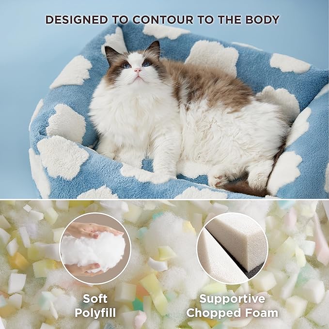 Lesure Cute Cat Beds for Indoor Cats - Washable Kitten Puppy Beds,Cozy Rectangle Orthopedic Pet Sofa with Jacquard Shaggy Plush & Anti Slip Bottom,20x19x6inches