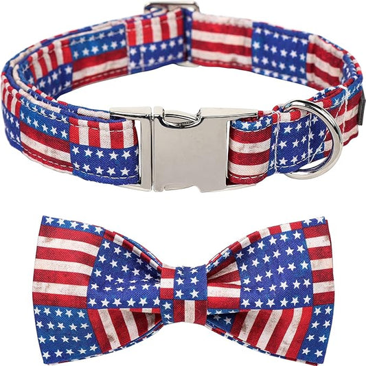 Lionet Paws Patriotic Dog Collar with Bowtie, 4th of July, Soft and Comfortable Adjustable American Flag Bowtie Collar for X-Large Dogs Male Female Gift, Neck 16-26 inches