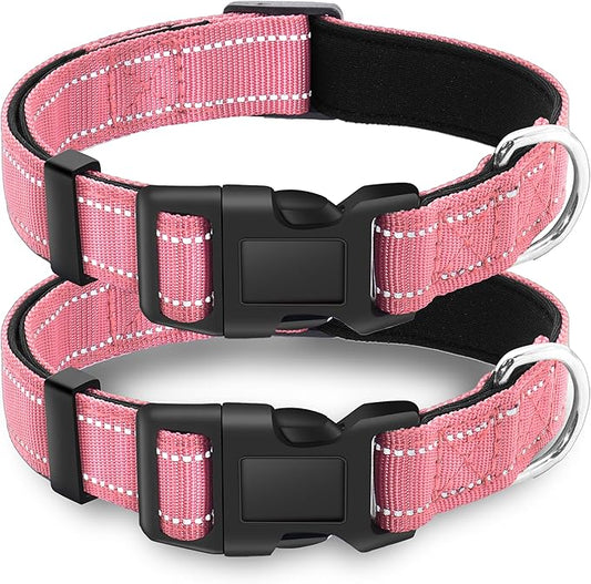 2 Pack Reflective Dog Collar with Safety Locking Buckle, Adjustable Soft Breathable Comfortable Nylon Pet Collar for Small, Medium and Large Dogs, Pink, XS