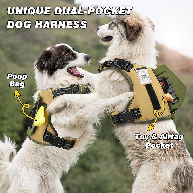 WINGOIN Tactical Dog Harness for Small Dogs, No Pull Harness with Handle 2 Pockets Poop Bag, Reflective Dog Vest, Military Service Heavy Duty Big Dog Harness for Walking Hiking Training, Khaki, S