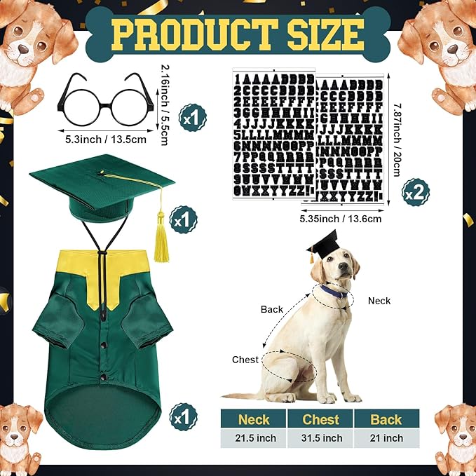 5 Pcs Dog Graduation Costume Set Include 2025 Pet Graduation Gown with Stole Puppy Grad Cap Lensless Glasses DIY Letter Stickers for Dogs Cats Holiday Costume Accessory(Green Yellow,XL)
