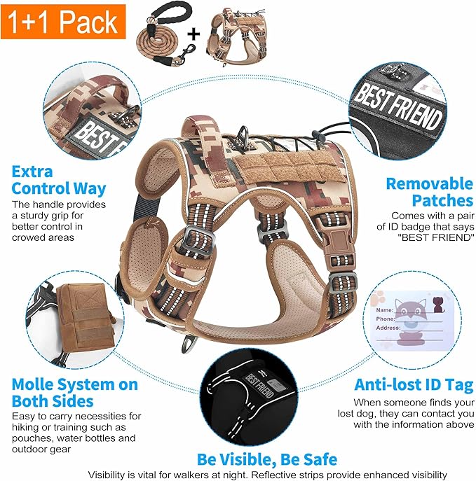 Heavy Duty Tactical Dog Harness for Large Dogs, No Pull Adjustable Pet Harness Reflective Service Training Easy Control Pet Vest Military K9 Working Dog Harnesses-X- Large, Desert Camo