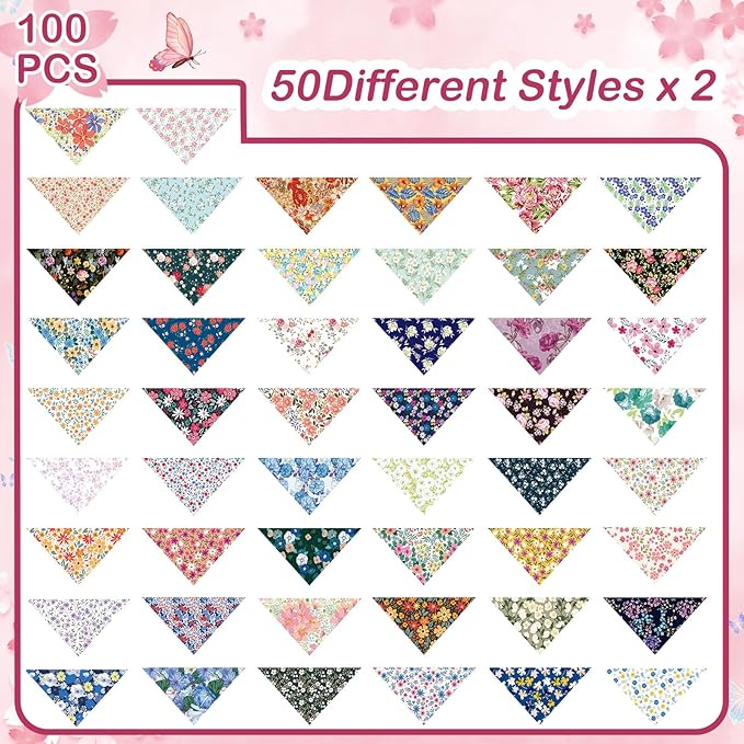 Sweetude 100 Pcs Floral Dog Bandanas Summer Flower Triangle Scarf Adjustable Costume Washable Outfit for Small to Large Pet