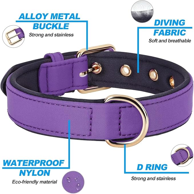 Didog Soft Padded Dog Collars for Medium Dogs, Lightweight and Breathable Purple Dog Collar Waterproof with Metal Buckle, Purple, L
