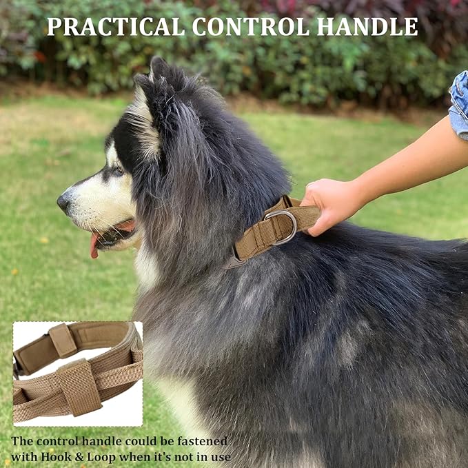 Tactical Dog Collar with Handle - Military Adjustable Dog Training Collar Soft Nylon and Heavy Duty Metal Buckle for Medium Large Dogs - with Patch (Brown, Large)