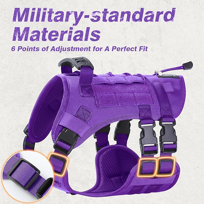 No Pull Tactical Dog Harness for Small Dogs, Escape Proof Molle Dog Vest Harness and Leash Set, Adjustable Military Service Dog Harness with Handle for Medium Large Dogs(Purple, Medium)