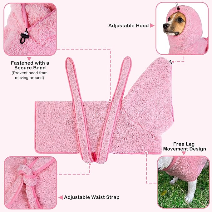 Bienbee Soft Dog Bathrobe,Super Absorbent & Quick-Drying Dog Robe with Hood, Cozy Drying Coat for After Bath, Pink M