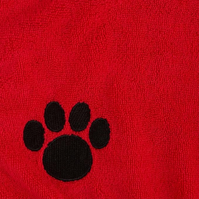 Bone Dry Pet Robe Collection Embroidered Absorbent Microfiber Bath Robe with Adjustable Closure, for Dogs & Cats, Large, Red
