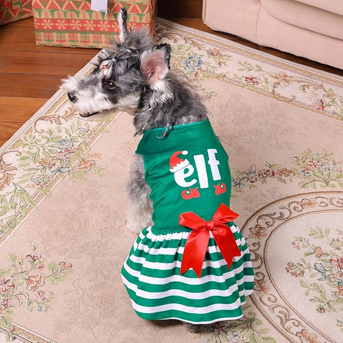 CuteBone Elf Dog Dresses Velvet Holiday Small Dogs Clothes Onesie Pet Apparel Girl Puppy Skirt with Bow Hair Rope CVA55L-D