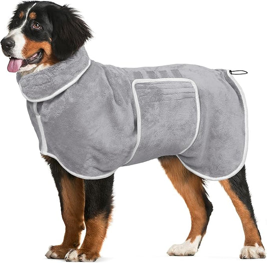 Dog Bathrobe Towel Drying Coat - Super Absorbent Dog Towels Bath Robe for Drying Dogs Large, Soft Adjustable Collar & Belly Strap Fast Drying Coat Pet Dog Cat Bath Robe Towel (Grey, X-Large)